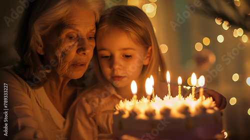 an old woman and a young girl are celebrating a birthday with a cake and lit candles.