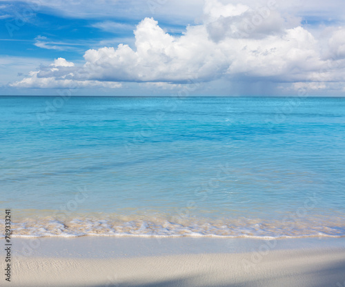 Tropical paradise beach with white sand and blue sky.
