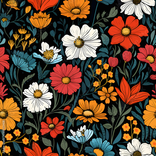 Seamless pattern with flowers on dark background. Vector illustration.