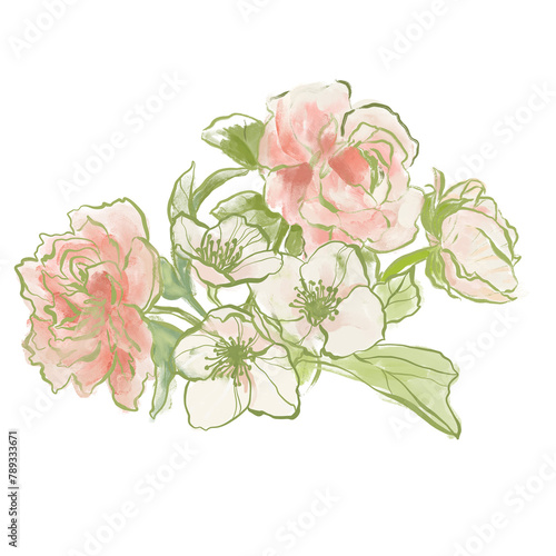 Oil painting abstract bouquet of peony and jasmine. Hand painted floral composition isolated on white background. Holiday Illustration for design, print, fabric or background. (ID: 789333671)