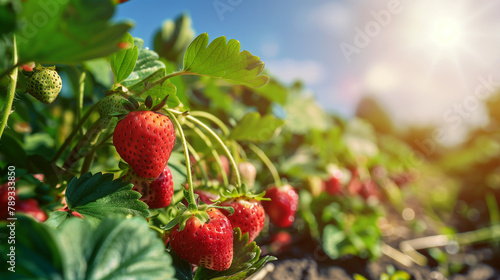 close view of strawberry plants ready to harvest with a strawberry farm in the background.