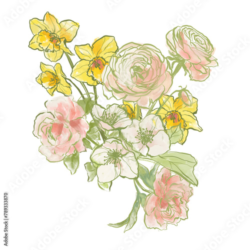 Oil painting abstract bouquet of narcissus, ranunculus and jasmine. Hand painted floral composition isolated on white background. Holiday Illustration for design, print, fabric or background. (ID: 789333870)
