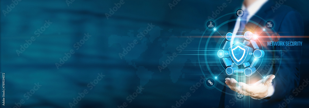 Businessman hand-holding network security icons with data protection, cybersecurity, and network connection. Ensuring the secure growth of digital assets, confidential information, business security Businessman hand-holding network security icons with data protection, cybersecurity, and network connection. Ensuring the secure growth of digital assets, confidential information, business security