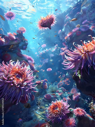 Vibrant Underwater Garden of Swaying Anemone Petals and Sheltering Fish in a Richly Diverse Marine Ecosystem