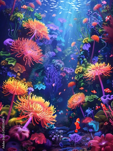 Vibrant Underwater Garden of Swaying Anemones and Clownfish in a Lively Marine Ecosystem