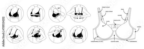 How to put a bra on correctly icons. Modern vector infographic in black and white colors. Step-by-step instructions, how to put on a bra correctly.