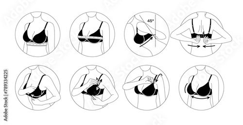 How to put a bra on correctly icons. Modern vector infographic in black and white colors. Step-by-step instructions, how to put on a bra correctly. © Pro_Vector
