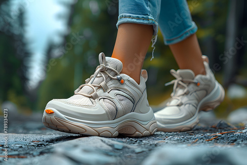 Close-up Shoes of woman Hiking in the Great Outdoors 