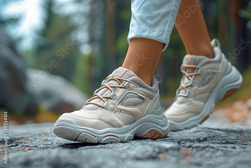 Close-up Shoes of woman Hiking in the Great Outdoors 