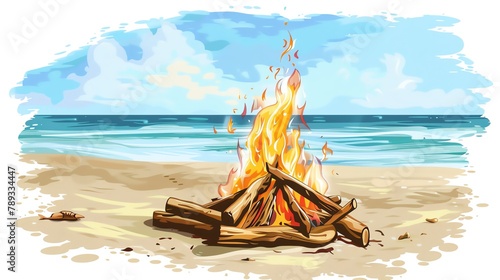 Beach bonfire clipart surrounded by driftwood logs