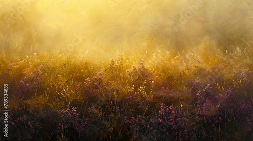 An abstract expression of heather and moss  with a golden sheen  capturing the tranquility of a misty morning. 