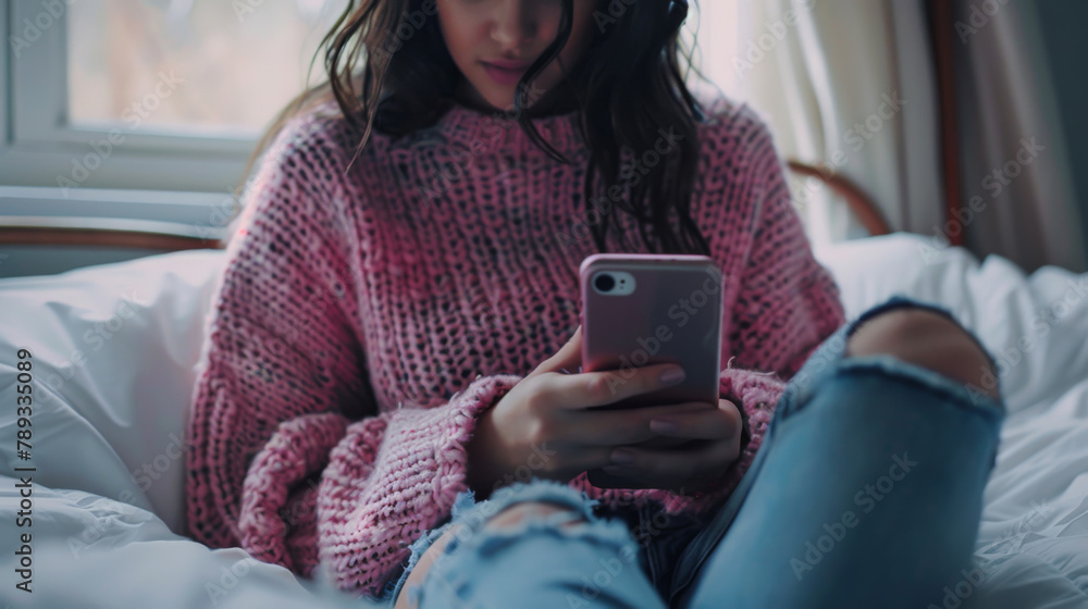 Fototapeta premium Close-up of woman's hands holding a modern phone while sitting on the sofa in a large pink sweater. Relax concept.