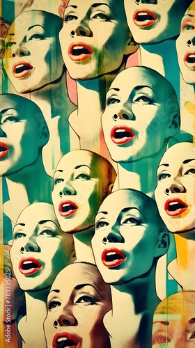 Mixed media surreal collage of retro nostalgic antique mannequins screaming and laughing in the surreal mixed media collage art style of pop art, shocking and thought provoking, bold saturated dayglo 