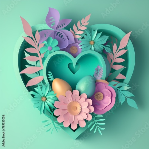 3D paper cut style, heart shape with Easter eggs and flowers inside, pastel colors, green background.