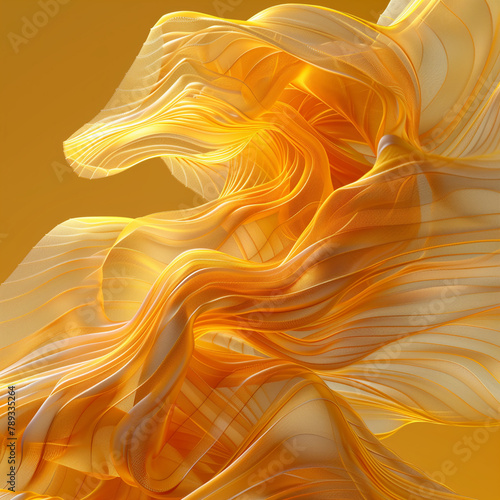 Abstract wavy design with yellow pink color, transparent voile fabric, soft lighting, smooth lines, high resolution, high detail,