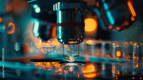 Close up of biological laboratory tests. Modern scientific machines pour yellow liquid into test tubes for analysis or experiments. Science concept.