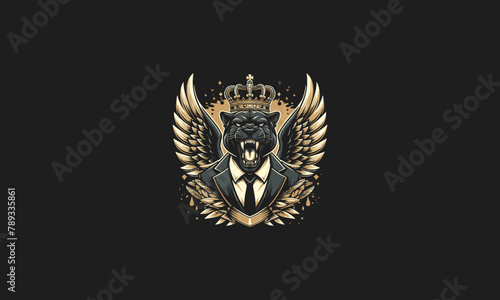 panther roar wearing suite and crown with wings vector artwork design
