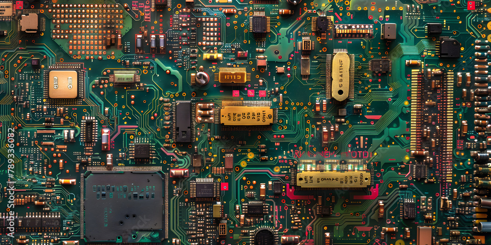 High-tech circuit board layout for electronic components or computing devices, emphasizing intricate details High-tech circuit board layout for electronic components or computing devices, emphasizing intricate details