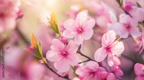pink floral background. The flowers are surrounded by green foliage. © sukar