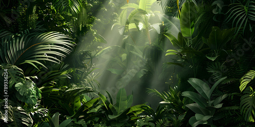 Lush tropical jungle backdrop for eco-friendly product presentations, emphasizing green and natural environments  #789336254