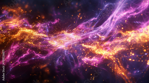 An explosion of neon lime and electric violet  with golden streaks resembling shooting stars. 