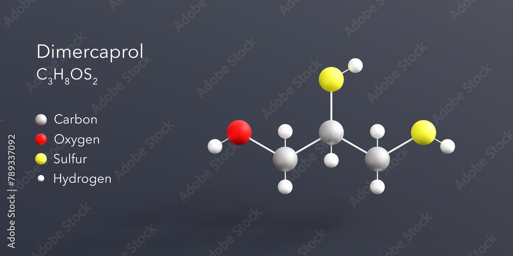 dimercaprol molecule 3d rendering, flat molecular structure with ...