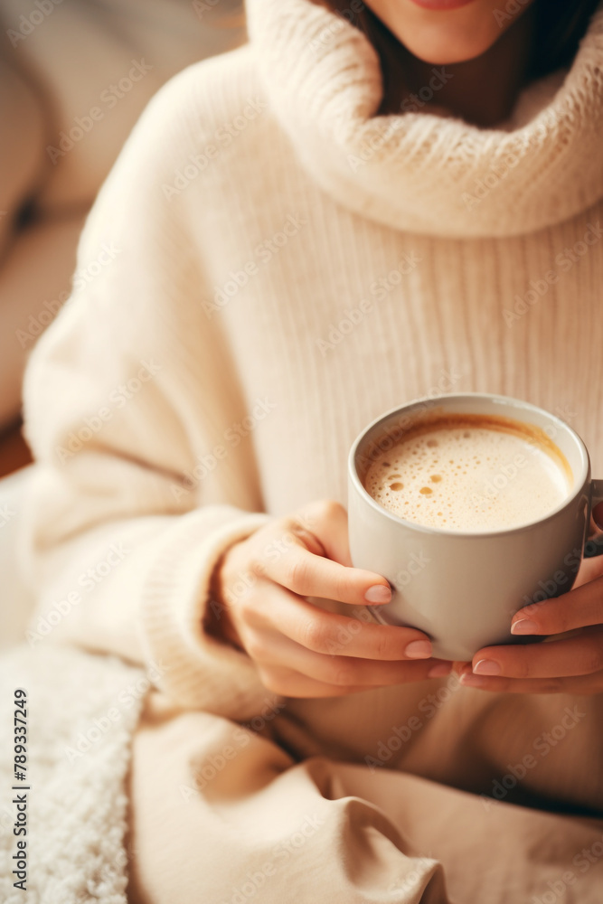 woman in soft knitwear, enjoying a mug of hot cocoa in a cozy setting сreated with Generative Ai woman in soft knitwear, enjoying a mug of hot cocoa in a cozy setting сreated with Generative Ai