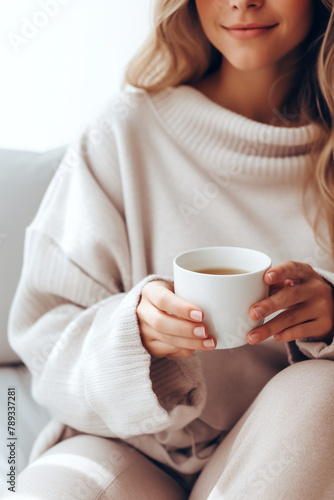 woman in soft knitwear, enjoying a mug of hot cocoa in a cozy setting сreated with Generative Ai