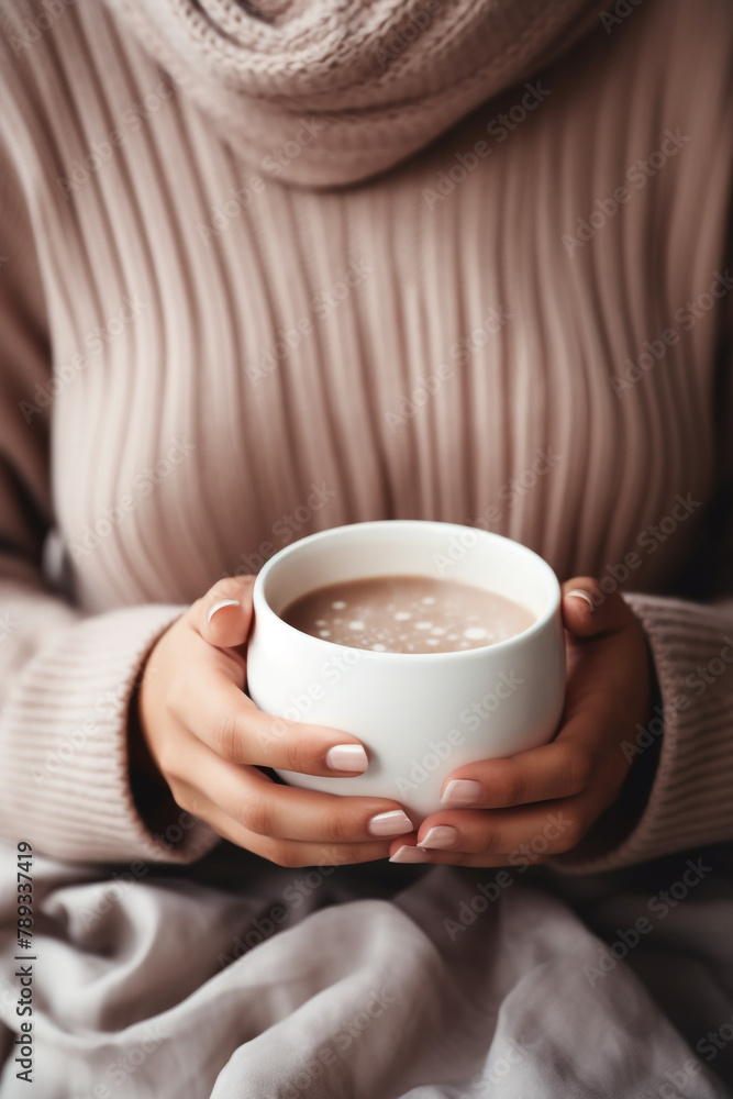 woman in soft knitwear, enjoying a mug of hot cocoa in a cozy setting сreated with Generative Ai woman in soft knitwear, enjoying a mug of hot cocoa in a cozy setting сreated with Generative Ai