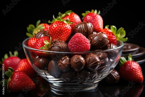 Strawberry side close-up in a bowl with chocolate bars next to the strawberries in  generative IA