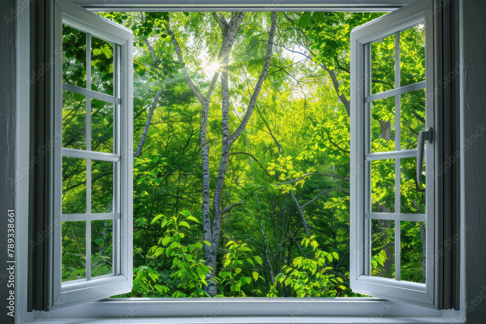 white plastic window with white frames on the outside and green trees visible from inside, view through modern glass window with nature background white plastic window with white frames on the outside and green trees visible from inside, view through modern glass window with nature background