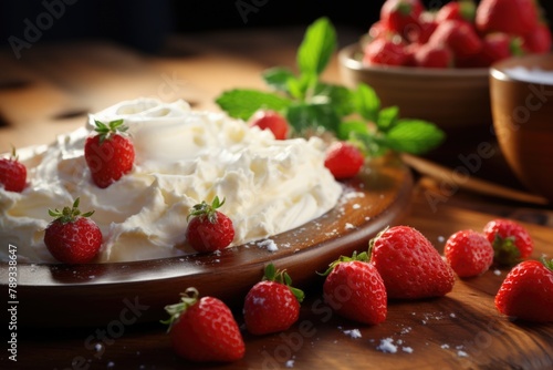 Closeup Shot of a delicious sheet of cream with strawberries on a wooden table  generative IA