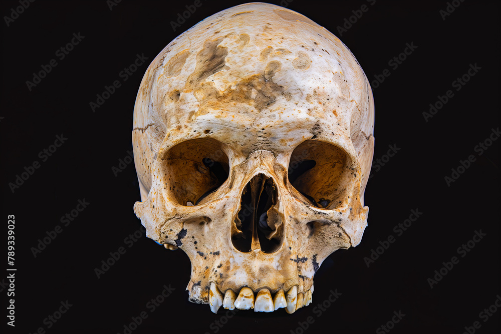 Frontview of natural human skull on isolated black background Frontview of natural human skull on isolated black background