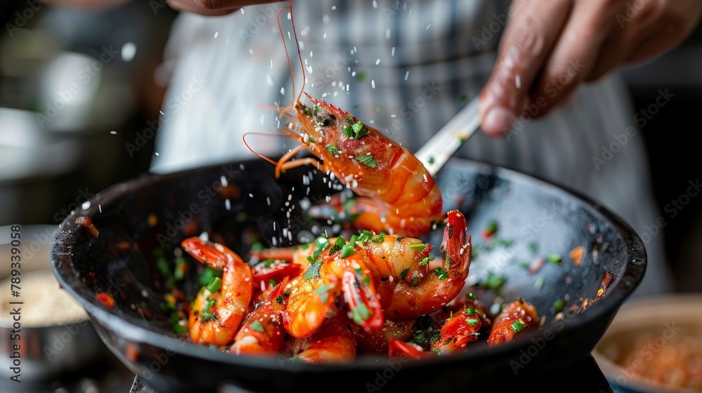 A chef expertly seasoning shrimp with fish sauce marinade, ensuring each bite is infused with the distinctive taste of Thai culinary excellence. A chef expertly seasoning shrimp with fish sauce marinade, ensuring each bite is infused with the distinctive taste of Thai culinary excellence.
