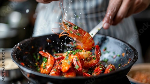 A chef expertly seasoning shrimp with fish sauce marinade, ensuring each bite is infused with the distinctive taste of Thai culinary excellence.