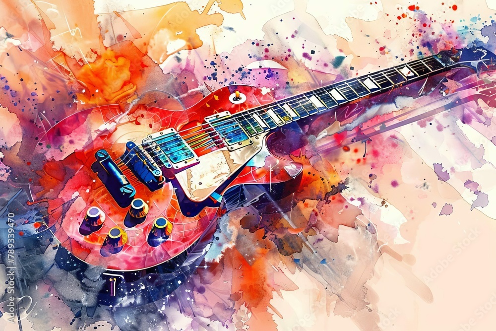 colorful electric guitar watercolor banner musical instrument art