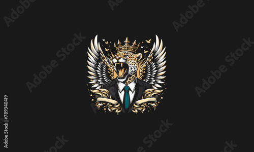 leopard wearing suite and crown with wings vector artwork design