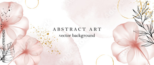 Abstract art floral background. Vector pink flower dye alcohol ink. Luxury wallpaper with gold splashes and elements. Minimal style with organic watercolor shapes. Leaves hand drawn brush line art.
