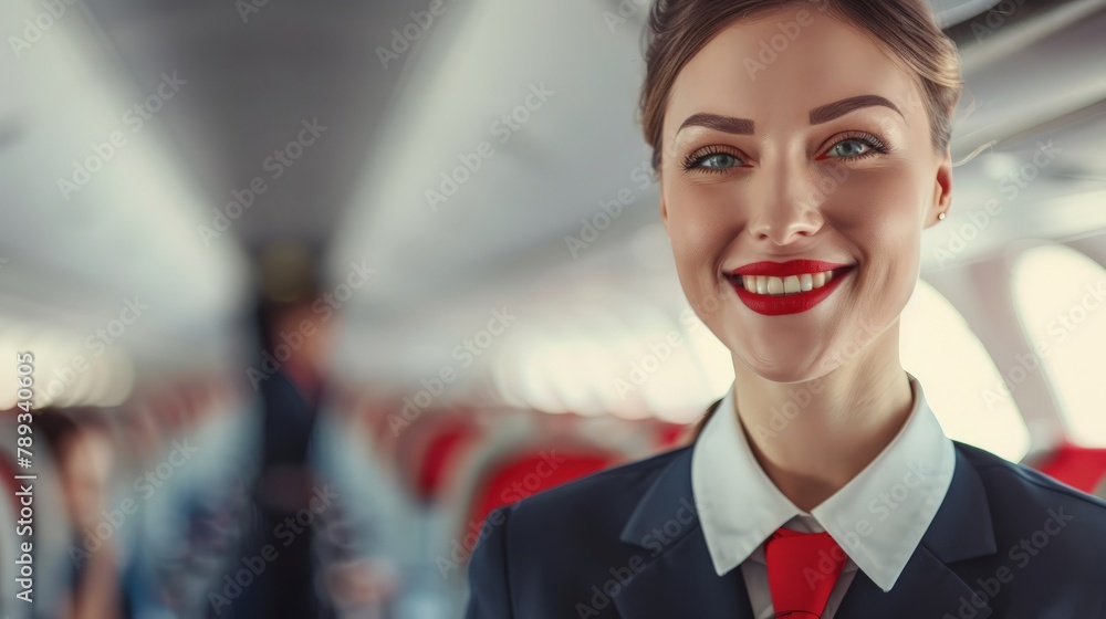 A friendly flight attendant welcoming passengers with a warm smile as they board the airplane, A friendly flight attendant welcoming passengers with a warm smile as they board the airplane,