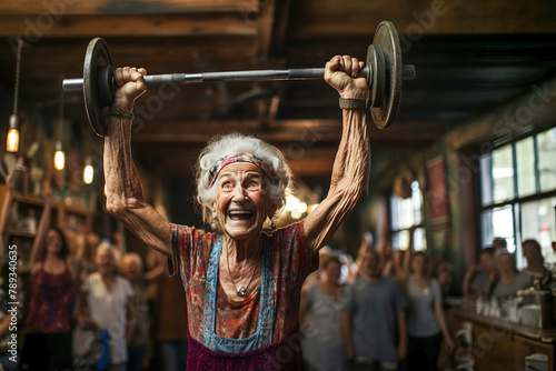 Comic situation: an elderly woman lifts a barbell