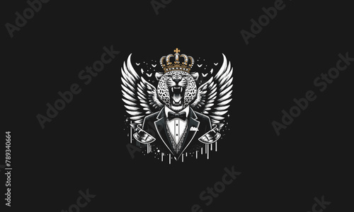 leopard wearing suite and crown with wings vector artwork design