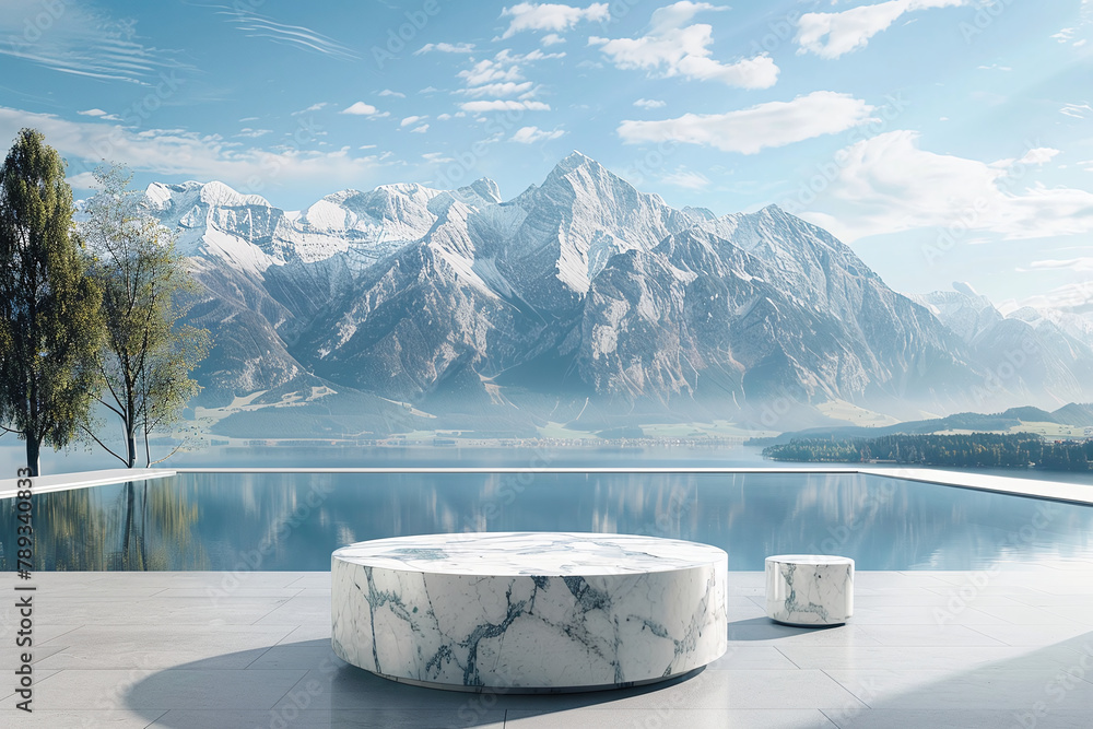 Marble Tables Reflecting by an Infinity Pool Overlooking Snow-Capped Mountains