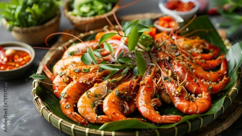 A vibrant seafood platter featuring freshly cooked shrimp soaked in tangy fish sauce, tantalizing the taste buds with its aromatic richness.