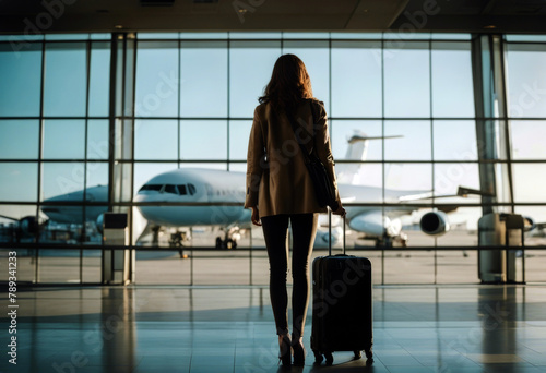 woman departure business travel young terminal aerodrome suitcase tour goes window vacation girl trip woman waiting suitcase traveler arrival maker tourism plane bag baggage holiday airpor photo