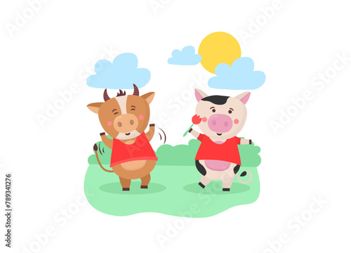 Happy Chinese 2021 year calendar template design with cute cow. 2021 calendar design with bull with hobbies in different seasons of the year. Set of 12 months. Year of the bull. Vector illustration. © Little Monster 2070