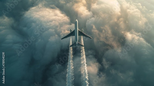 Aerial shot of a cargo plane soaring through the clouds, symbolizing the speed and efficiency of air transportation logistics. photo