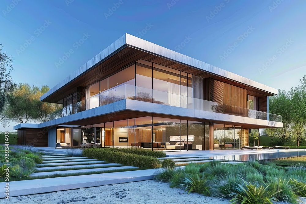 contemporary architectural 3d illustration of a large modern house in wood and concrete