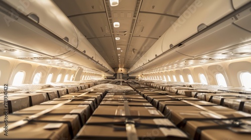Airplane cargo hold filled with neatly stacked packages and parcels, illustrating the capacity and efficiency of air freight transport.