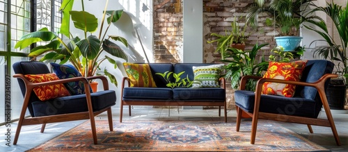 A genuine photograph of a lively living room interior featuring retro armchairs with a wooden frame, colorful pillows, and a navy blue sofa adorned with green plants. photo