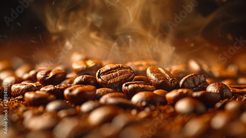 Freshly ground coffee beans lie steaming about them. Concept of drinks, coffee culture.